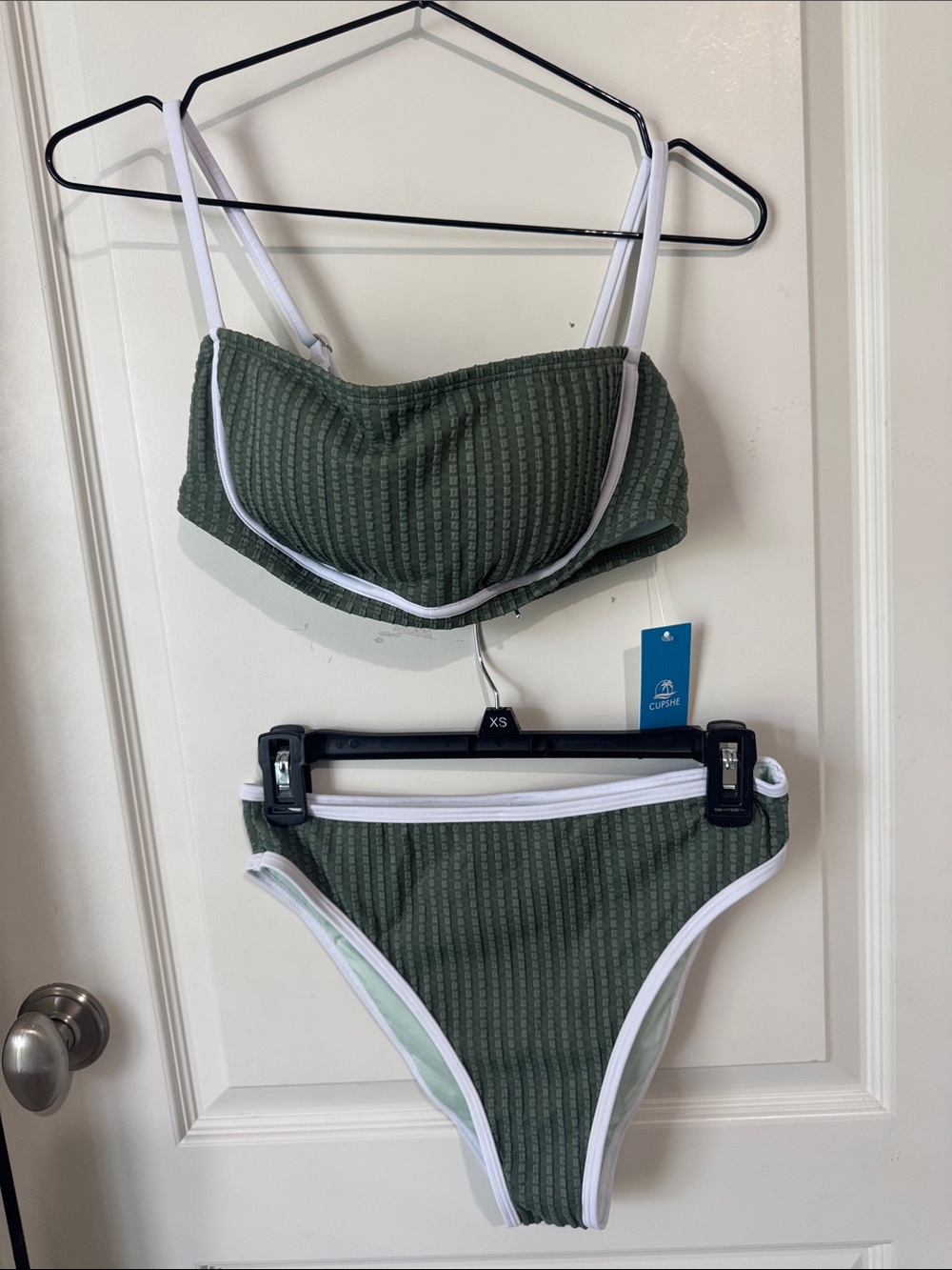 Cupshe Olive Green Ribbed Bikini with White Trim